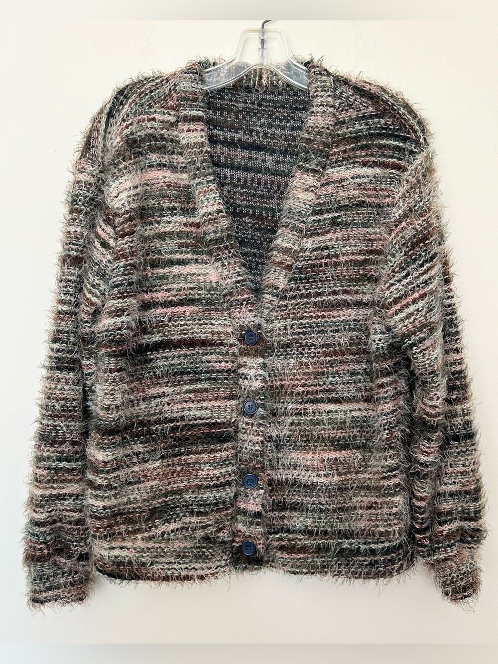 Fuzzy Striped Button-Front Cardigan in Mixed Green and Pink